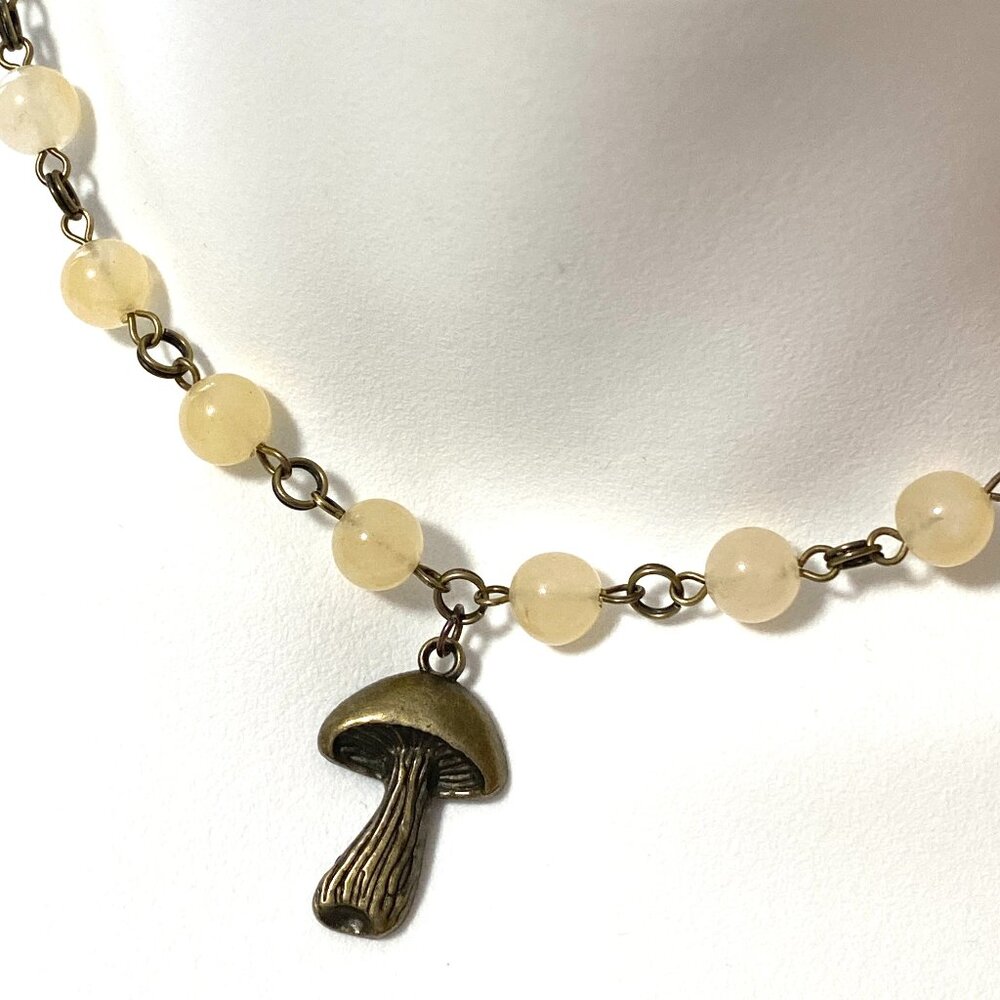 Natural Yellow Aventurine Necklace, Bronze Slim Mushroom+Genuine Gemstone Choker